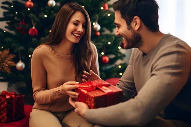 coppia sorridente che apre un regalo di Natale davanti a un albero di Natale AI generativa