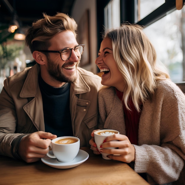 coppia sorridente che beve caffè in tazza