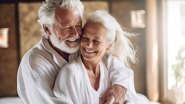 Coppia sorridente che condivide un abbraccio amorevole in una spa dopo un trattamento Coppia senior che riposa alla spa con accappatoi bianchi The Generative AI