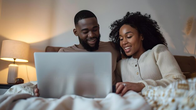 Coppia sorridente che si diverte insieme con un portatile a letto stile di vita domestico accogliente moderno casual e connesso serale rilassamento e tecnologia uso AI