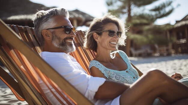 Coppia sorridente rilassante sulla spiaggia assolata