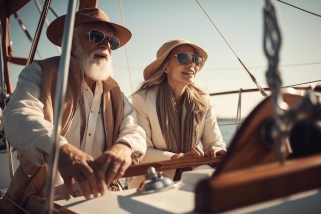 Coppia uomo e donna seduti su uno yacht e guardando verso il mare