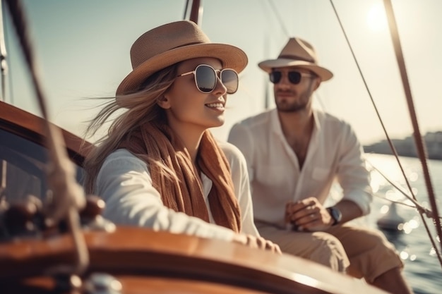 Coppia uomo e donna seduti su uno yacht e guardando verso il mare