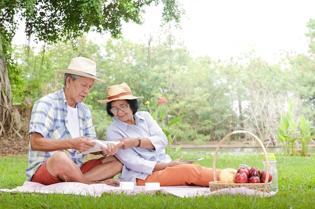 Coppie anziane asiatiche che hanno un picnic nel parco