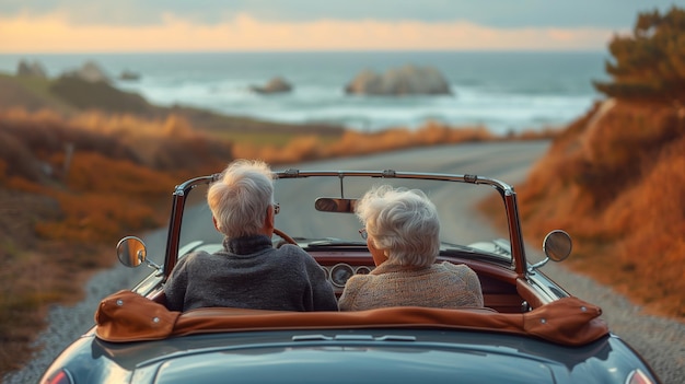 Coppie anziane che si divertono a fare un giro sul mare in una macchina aperta