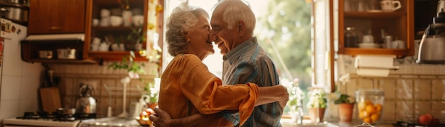 Coppie anziane felici e attive cucinano insieme, si godono pasti romantici e ballano in cucina.
