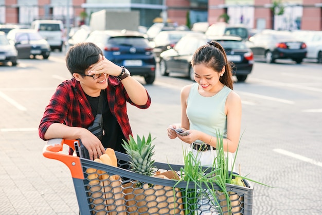 Coppie asiatiche che controllano il loro carrello in pieno di alimento biologico sano sui precedenti di grande deposito. Il giovane vietnamita tiene la testa con la mano quando la sua ragazza conta i soldi per lo shopping.