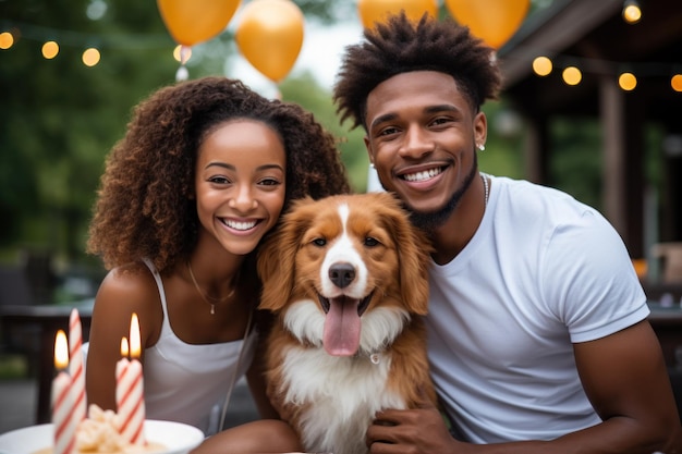 Coppie che festeggiano una festa di compleanno per il suo cane Generative AI