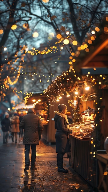 Coppie che si godono una serata romantica in un mercato natalizio nel vicino contesto creativo delle vacanze