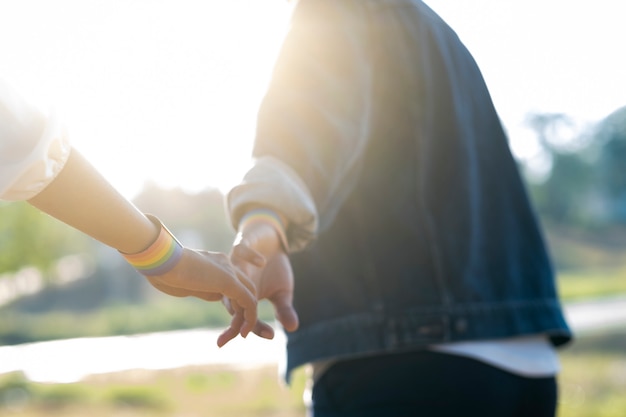 Coppie di LGBT che si tengono per mano camminando nel parco.