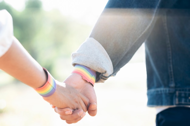 Coppie di LGBT che si tengono per mano camminando nel parco.