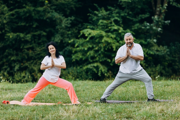 Coppie di medio evo che fanno yoga che sta e che fanno yoga del namaste di gesto