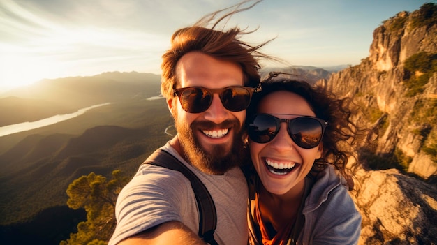 Coppie felici che fanno selfie in montagna