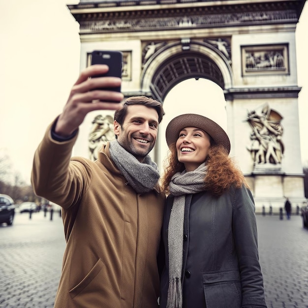 Coppie felici che prendono selfie con lo smartphone