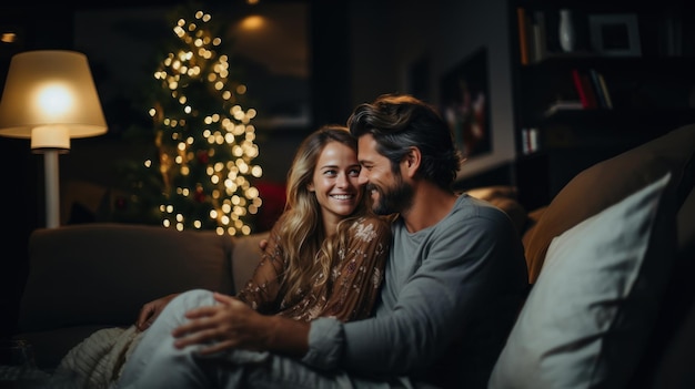 Coppie felici che si siedono sul divano a casa davanti all'albero di Natale alla sera