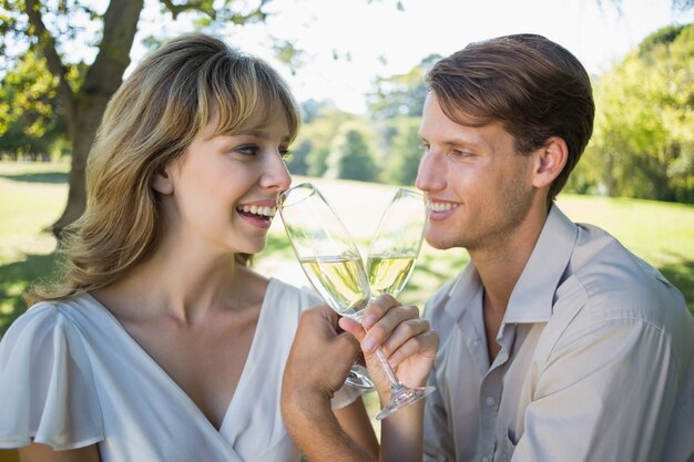 Coppie felici sveglie che si siedono fuori tostando con champagne