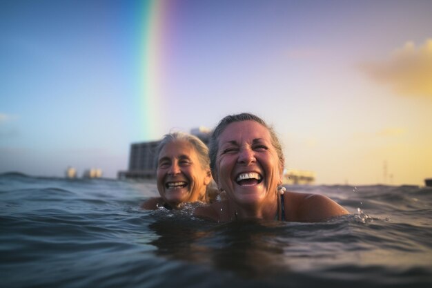 Coppie gay anziane felici che nuotano alla parata di orgoglio LGBTQ a Tel Aviv, Israele