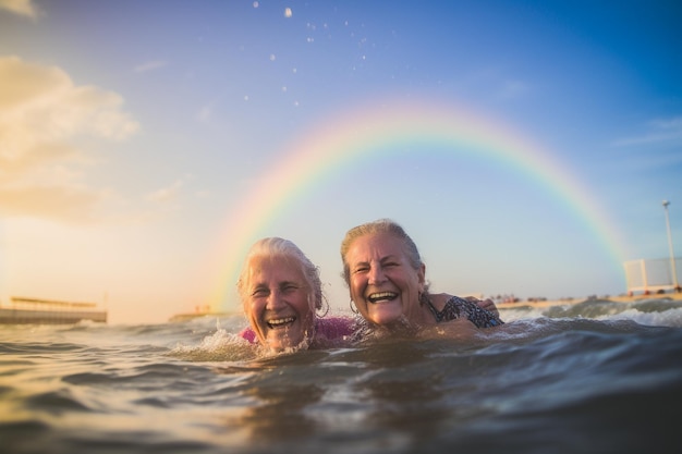 Coppie gay anziane felici che nuotano alla parata di orgoglio LGBTQ a Tel Aviv, Israele