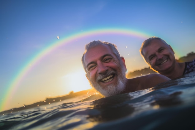 Coppie gay anziane felici che nuotano alla parata di orgoglio LGBTQ a Tel Aviv, Israele