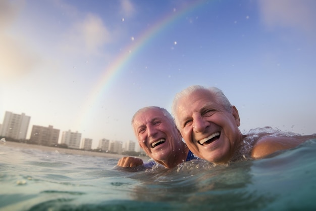Coppie gay anziane felici che nuotano alla parata di orgoglio LGBTQ a Tel Aviv, Israele