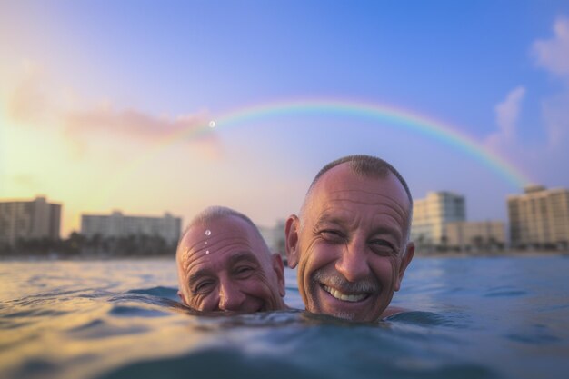 Coppie gay anziane felici che nuotano alla parata di orgoglio LGBTQ a Tel Aviv, Israele