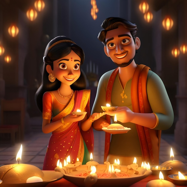 Coppie indiane 3d con stile di design diya diwali e karwa chauth