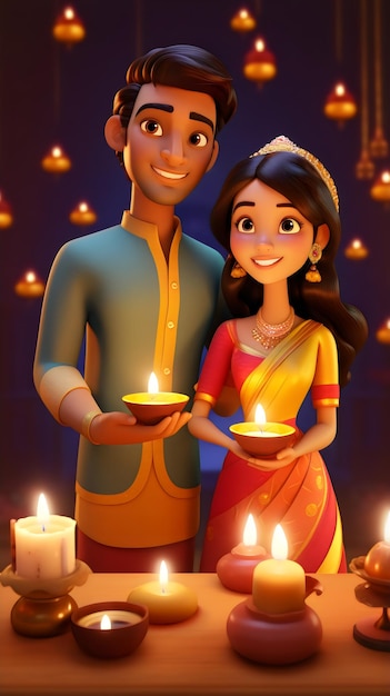 Coppie indiane 3D con stile di design diya diwali e karwa chauth
