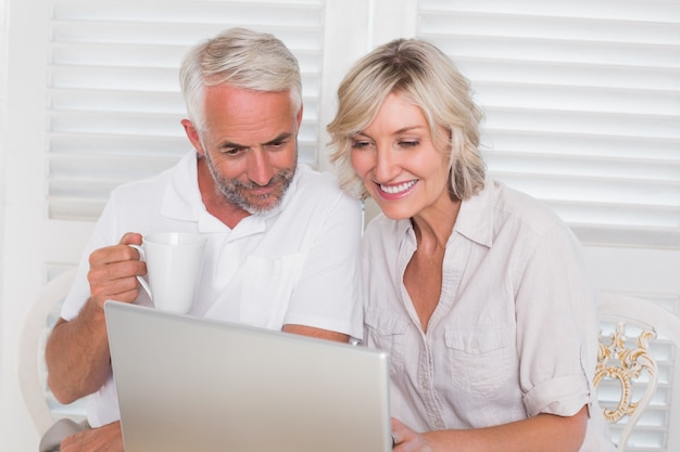 Coppie mature sorridenti facendo uso del computer portatile