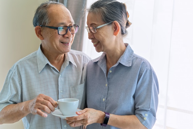 Coppie senior asiatiche che sorridono e che si considerano.