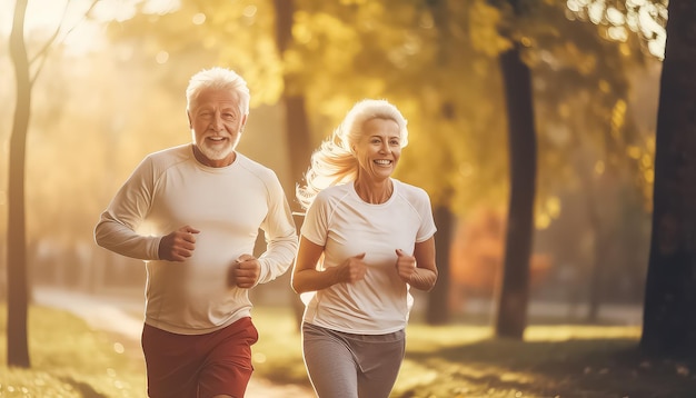 coppie senior che corrono insieme nel parco