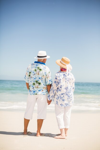 Coppie senior che si tengono per mano sulla spiaggia