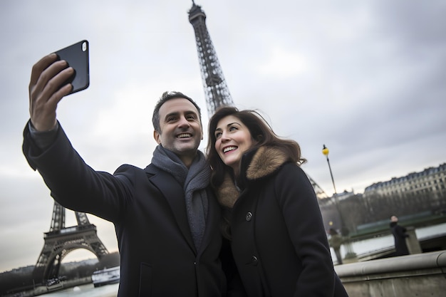 Coppie sorridenti felici che viaggiano in francia prendendo selfie a parigi rete neurale ai generato