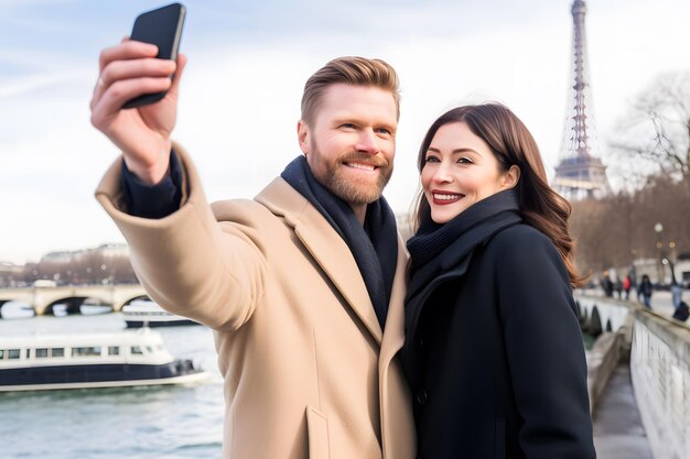 Coppie sorridenti felici che viaggiano in francia prendendo selfie a parigi rete neurale ai generato