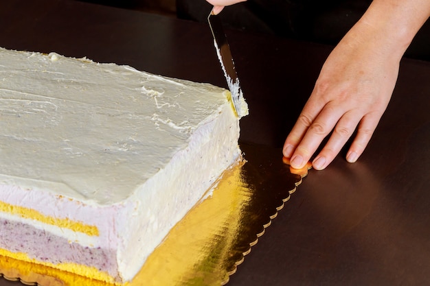 Copri chef con torta festiva glassa bianca. Fare il pan di spagna a strati.