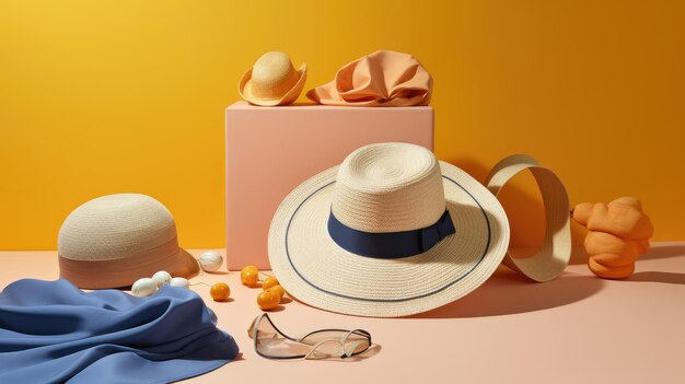 Copricapo come accessorio dai raggi ultravioletti del sole Cappello su sfondo estivo Spf