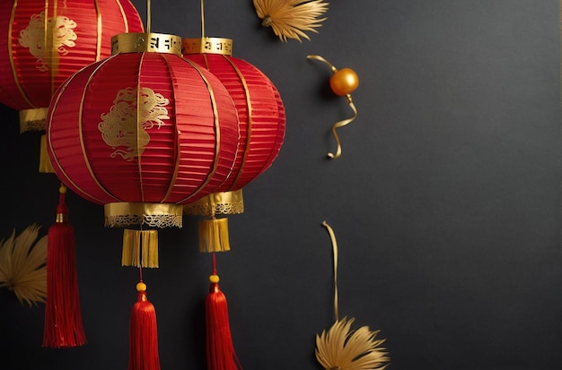 Copyspace sfondo del Capodanno cinese con ventilatori orientali e lanterne cinesi rosse e dorate