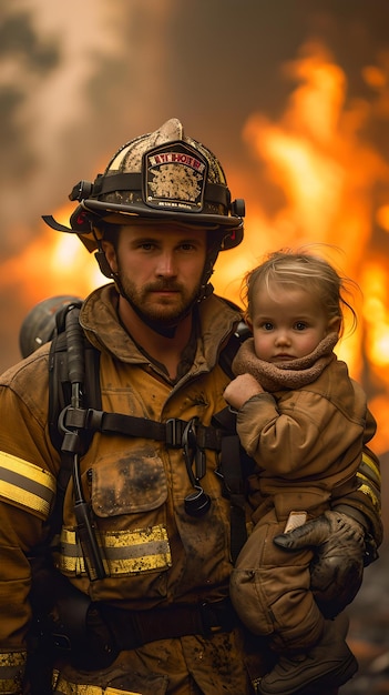 Coraggioso pompiere che tiene in braccio un bambino sullo sfondo delle fiamme, scena di salvataggio di emergenza, eroismo e coraggio in azione AI