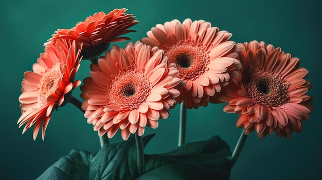 Coral Gerbera Daisy fiori su sfondo verde studio alla moda Generativo ai