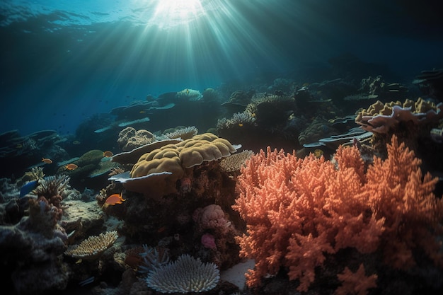 Coralli e pesci sono visti nell'oceano.