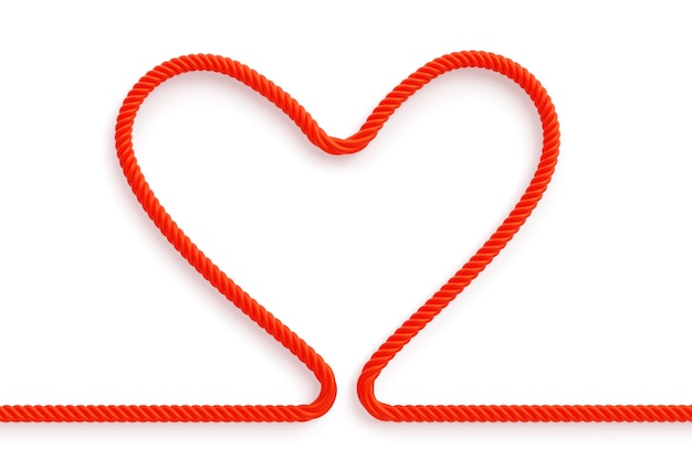 Corda di seta rossa a forma di cuore cornice d'amore di corda di satinato linea curva filati contorti o corda 3d render filo scarlatto elemento di cucito decorativo cravatta confine isolato su sfondo bianco illustrazione 3D