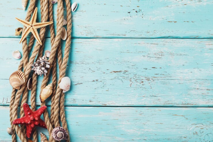 Corda e varie conchiglie di mare sullo sfondo di una vecchia tavola di legno con copia spazio
