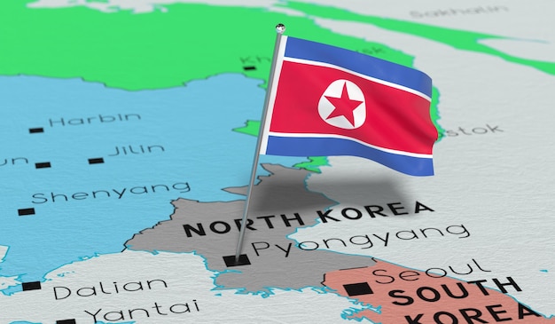 Corea del Nord Bandiera nazionale di Pyongyang appuntata sulla mappa politica Illustrazione 3D