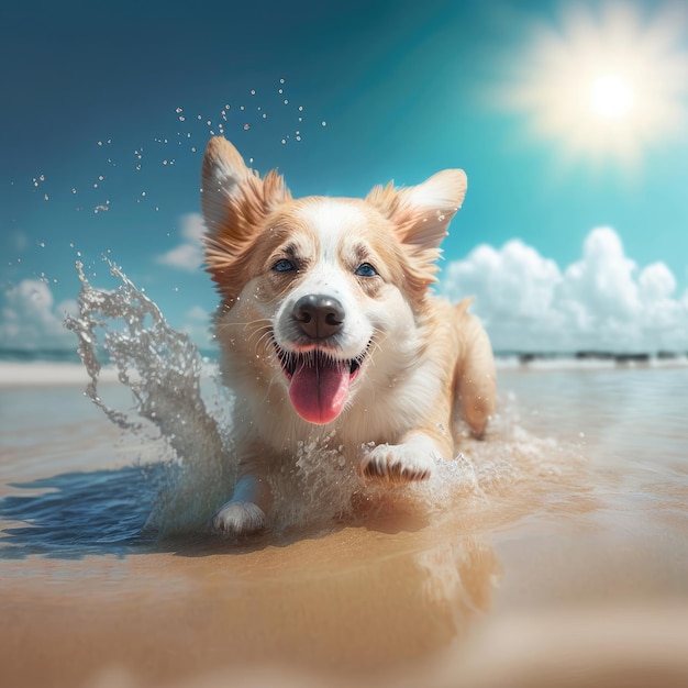 Corgi cane estate spiaggia attività Cane pembroke welsh corgi razza nel nuoto IA generativa