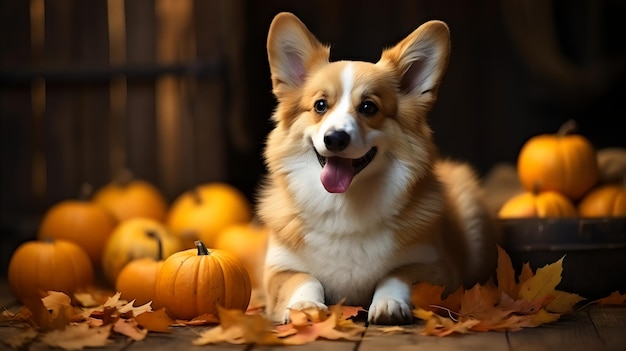 Corgi Canine in natura Foglie d'autunno, zucche e delizie stagionali