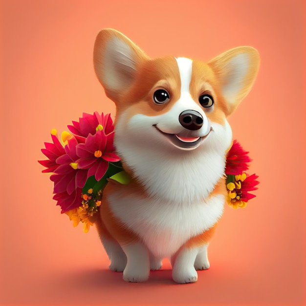 Corgi carino sorridente che tiene bouquet in fiori colorati isolato sfondo caldo