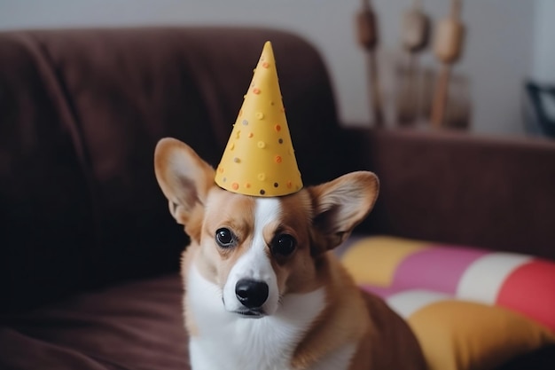 Corgi con cappello da festa giallo Cani di compleanno