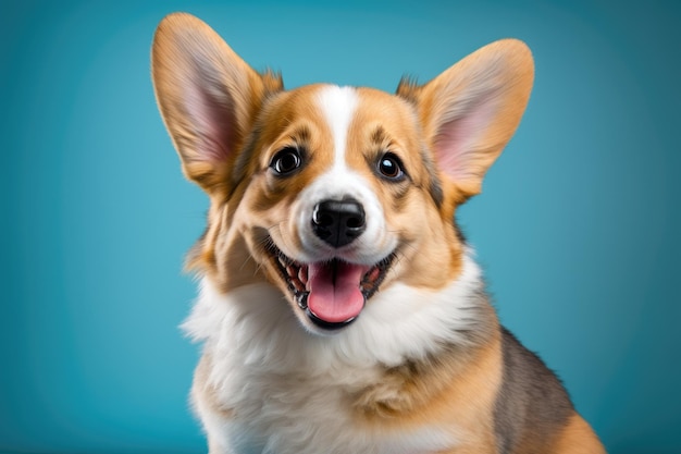 Corgi cucciolo di cane con un grande sorriso su sfondo blu