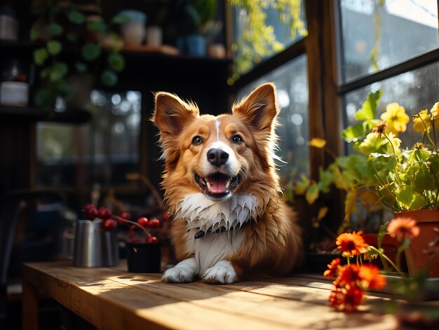 Corgi gioioso su uno sfondo sfocato IA generativa