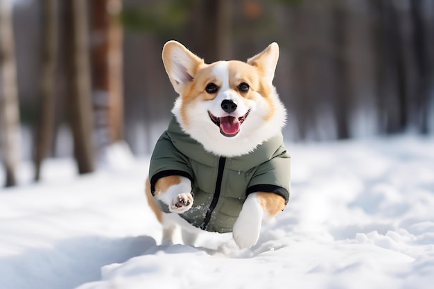 Corgi vestito con una giacca verde corre lungo un sentiero innevato mentre cammina nella foresta Foto orizzontale