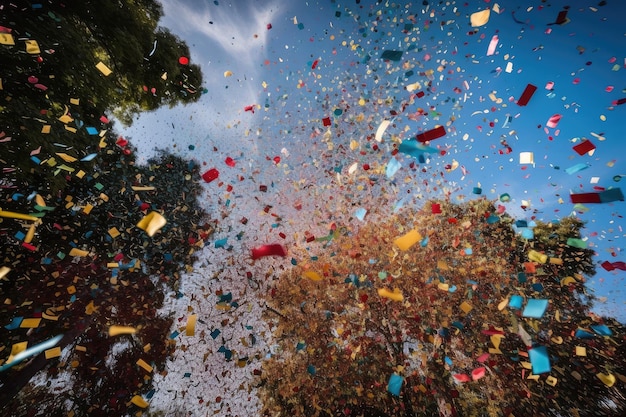 Coriandoli colorati in movimento che scendono dal cielo creati con l'IA generativa